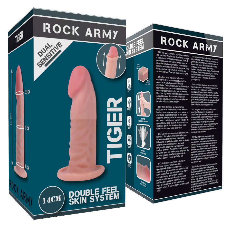 ROCKY ARMY TIGER dildo pene realista deslizable con ventosa de consolador succión 140x44mm, en caja