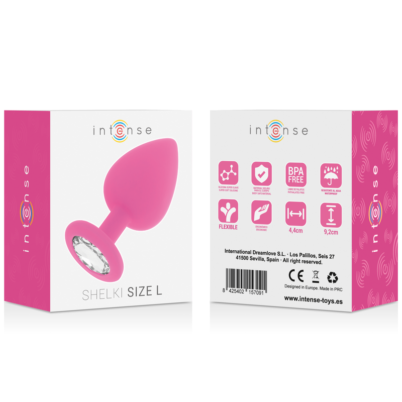 INTENSE SHELKI plug tapón anal en silicona con cristal claro, talla L fucsia, en caja