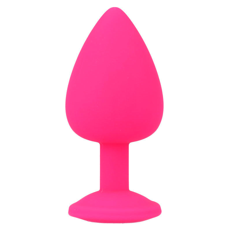INTENSE SHELKI plug tapón anal en silicona con cristal claro, talla L fucsia, vista vertical
