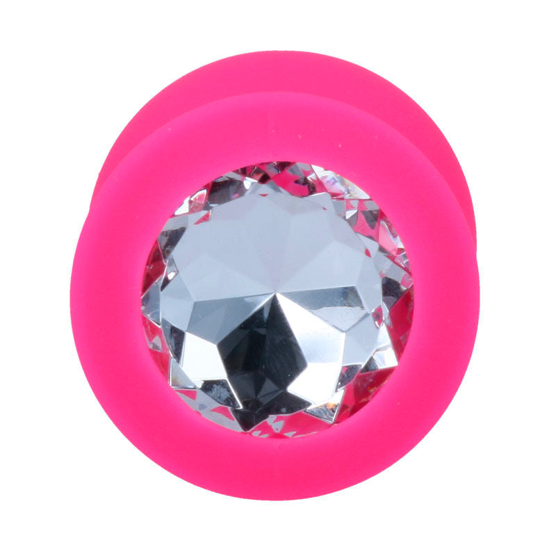 INTENSE SHELKI plug tapón anal en silicona con cristal claro, talla L fucsia, vista cristal